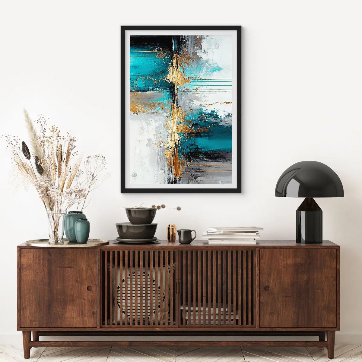Pôster com moldura preta - Uma composição abstrata em tons de turquesa e dourado. - 50x70cm - Tudo flui - Decoração de parede moderna para a sala de estar e quarto ARTTOR
