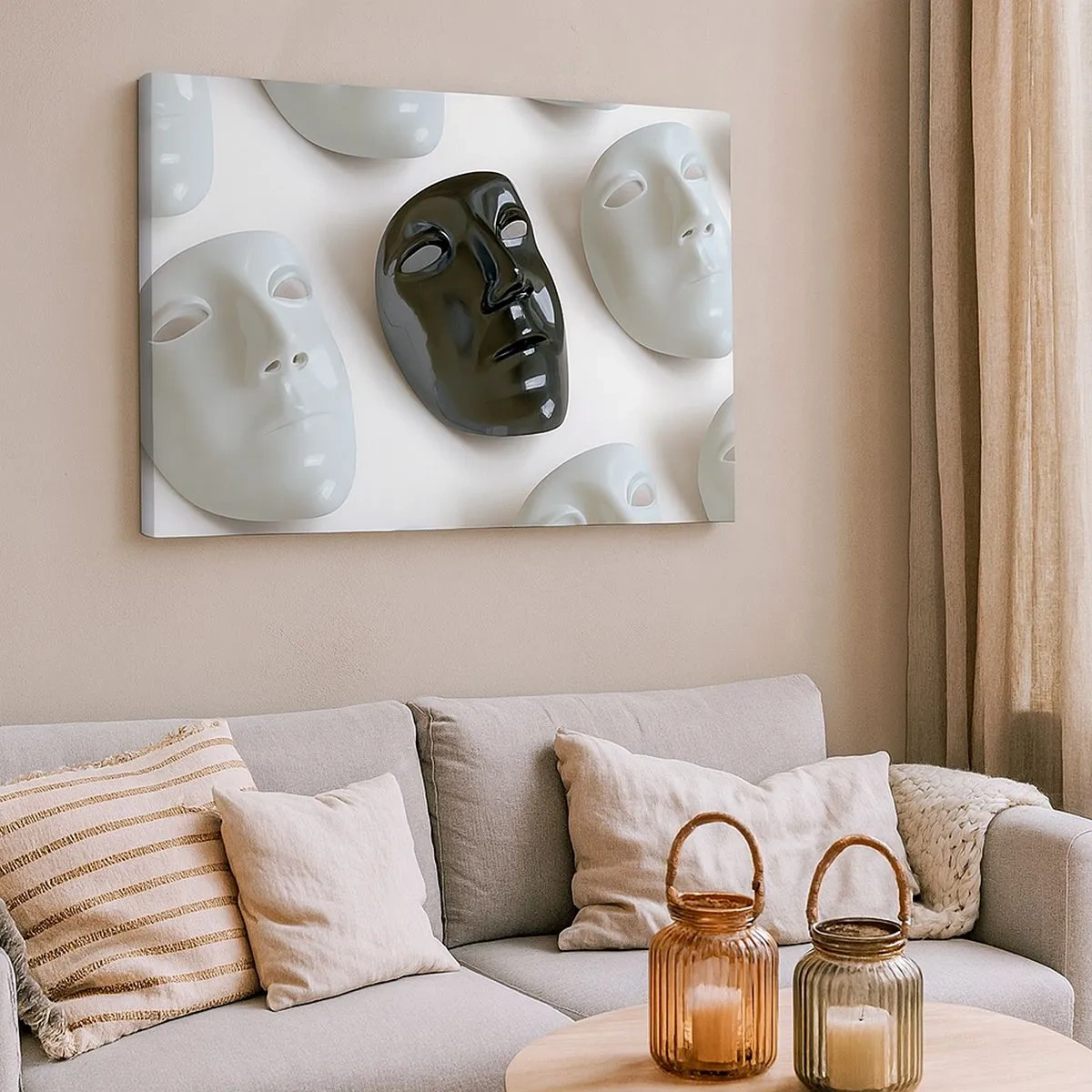 Quadro em tela - Máscaras pretas e brancas sobre fundo claro - 70x50cm - Como se destacar? - Decoração de parede moderna para a sala de estar e quarto ARTTOR
