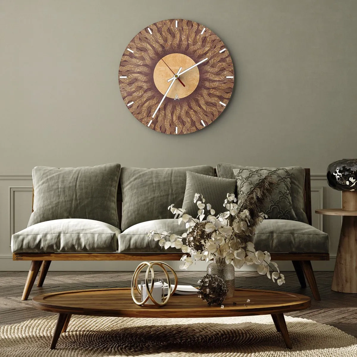 Relógio de parede - Relógio em vidro - Mostrador solar com padrão radiante em cores quentes - 30x30cm - Ícone do sol - Decoração de parede moderna para a sala de estar, cozinha e quarto ARTTOR