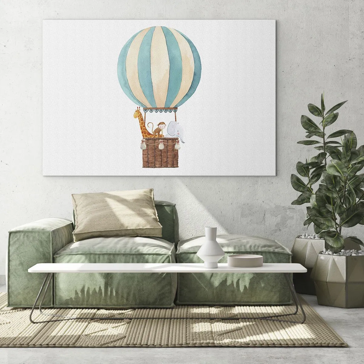 Quadro em vidro - Um balão com uma girafa, um macaco e um elefante em um fundo branco - 70x50cm - Viagem fantástica - Decoração de parede moderna para a sala de estar e quarto ARTTOR