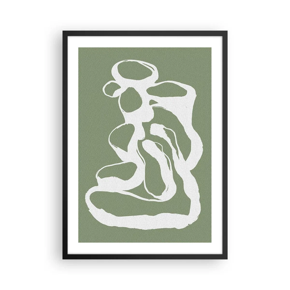 Pôster com moldura preta - Composição abstrata branca sobre fundo verde - 50x70cm - A chamada do espaço - Decoração de parede moderna para a sala de estar e quarto ARTTOR
