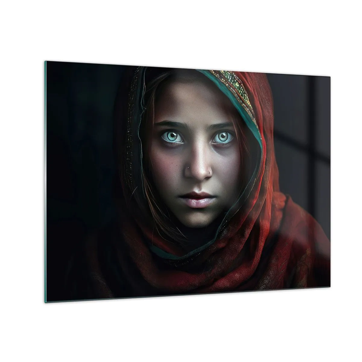 Quadro em vidro - Retrato de uma mulher com um lenço vermelho sobre um fundo escuro - 70x50cm - Princesa oriental - Decoração de parede moderna para a sala de estar e quarto ARTTOR