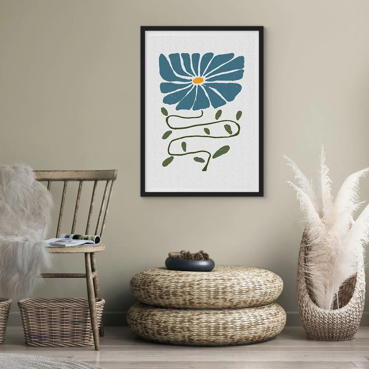 Pôster com moldura preta - Uma flor azul com um caule sinuoso em um fundo claro - 50x70cm - Um ramo para uma flor - Decoração de parede moderna para a sala de estar e quarto ARTTOR