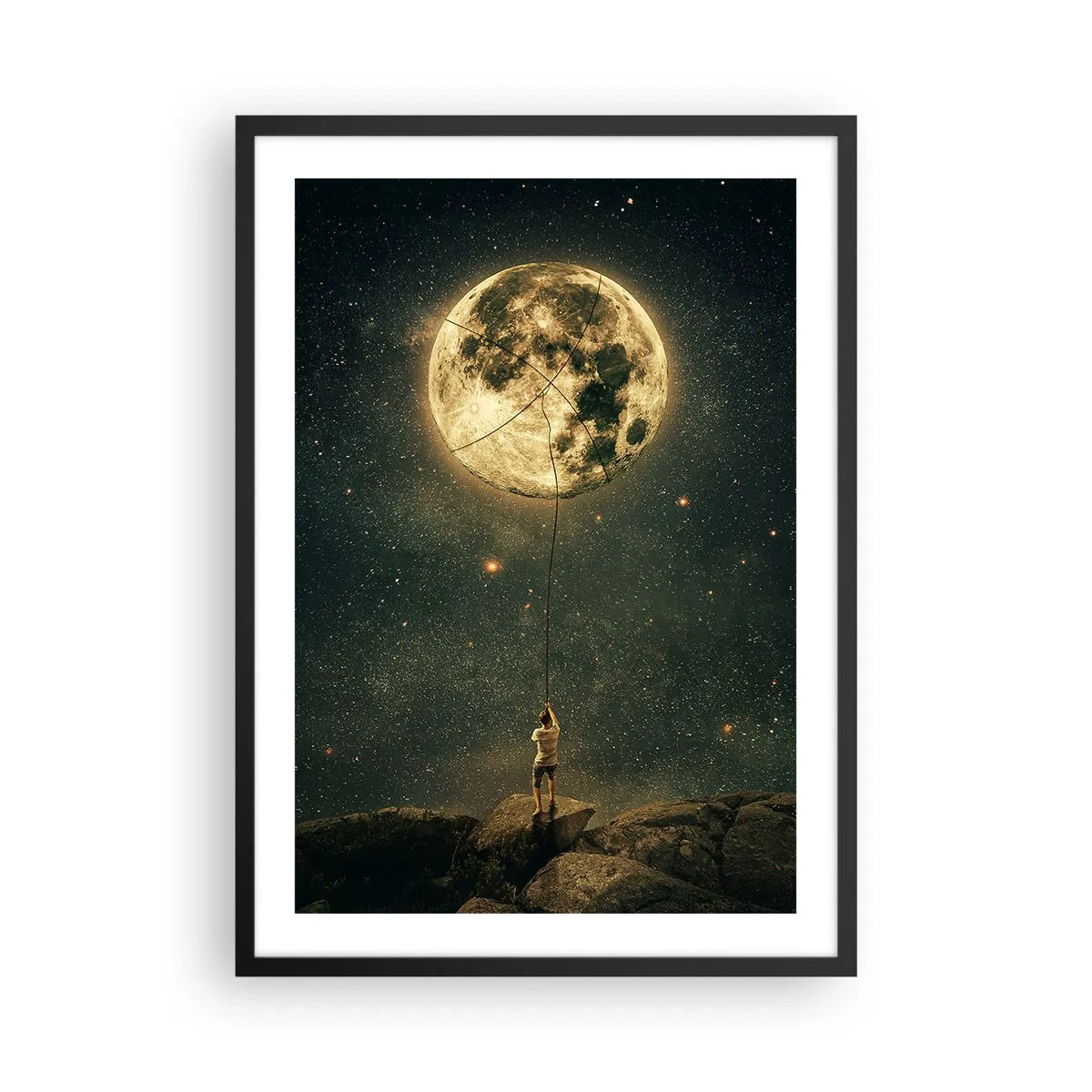 Pôster com moldura preta - Uma figura segurando a lua em uma corda em uma paisagem estrelada. - 50x70cm - Aquele que roubou a lua - Decoração de parede moderna para a sala de estar e quarto ARTTOR