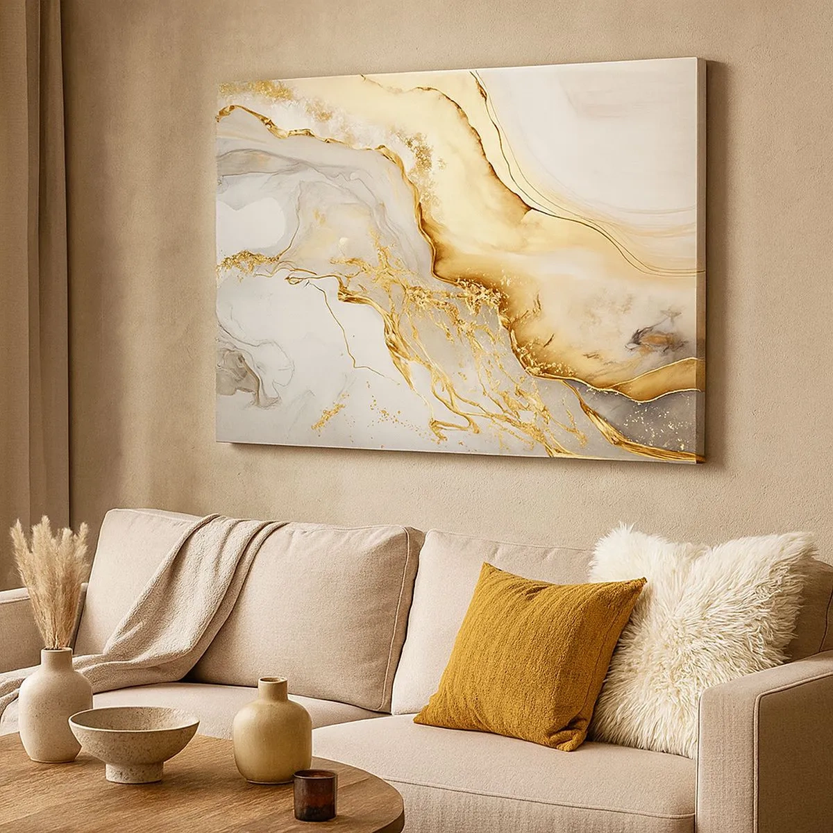 Quadro em tela - Padrões abstratos de ouro e mármore em um fundo claro - 70x50cm - Abstração: beleza e bondade - Decoração de parede moderna para a sala de estar e quarto ARTTOR