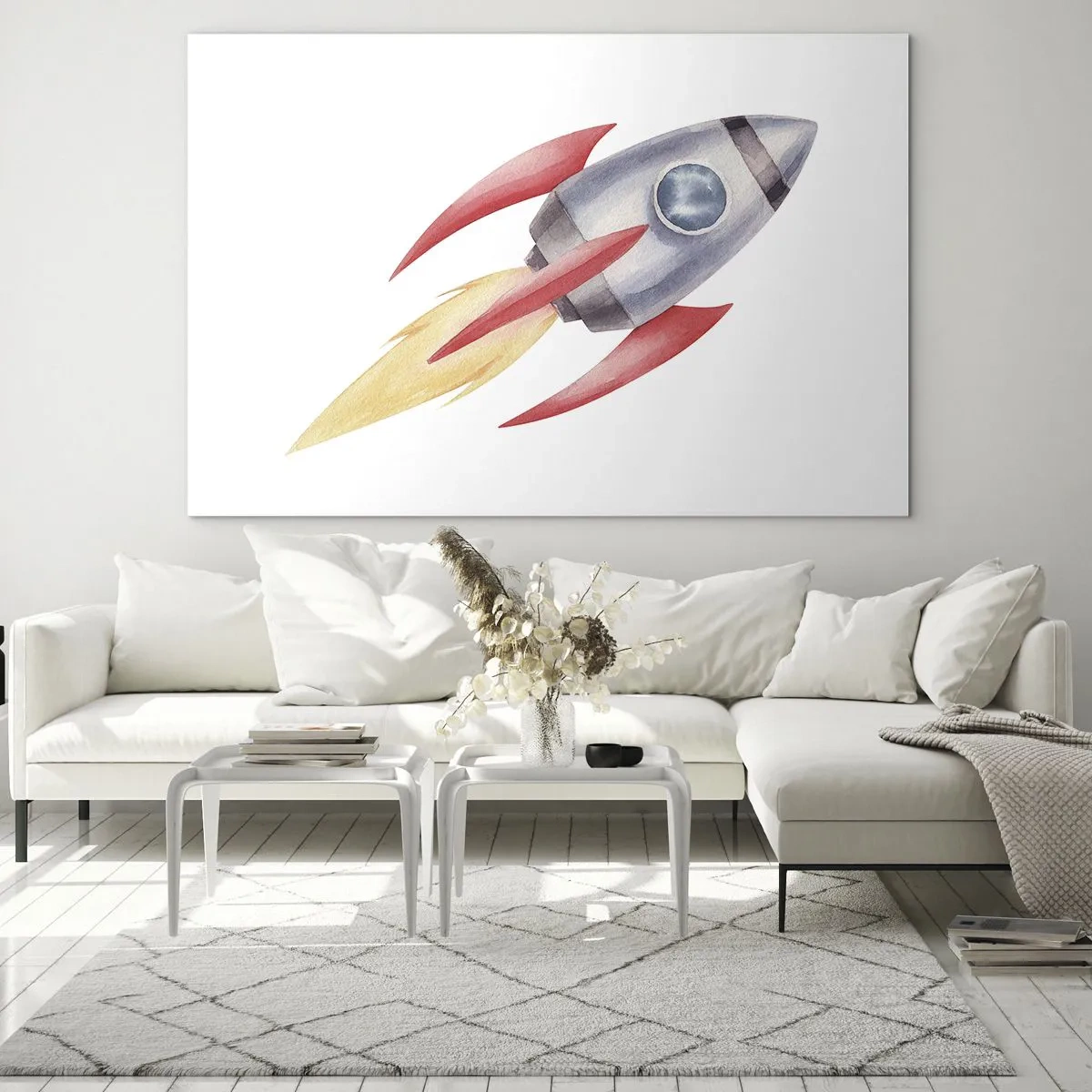 Quadro em vidro - Um foguete colorido voando pelo espaço - 70x50cm - Mais alto, mais rápido e mais longe - Decoração de parede moderna para a sala de estar e quarto ARTTOR