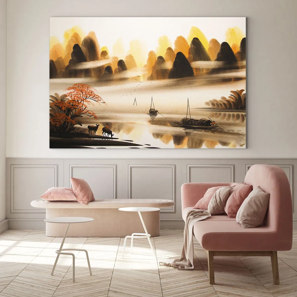 Quadro em vidro - Paisagem oriental com barcos e montanhas no nevoeiro - 70x50cm - Além do Extremo Oriente - Decoração de parede moderna para a sala de estar e quarto ARTTOR