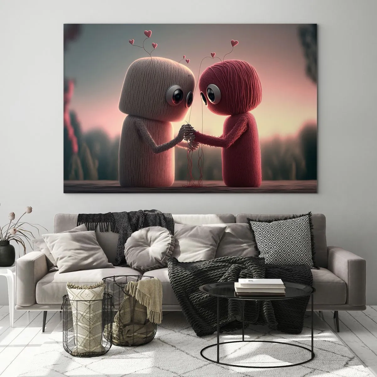 Quadro em vidro - Duas figuras de lã de mãos dadas com corações - 70x50cm - Todos podem amar - Decoração de parede moderna para a sala de estar e quarto ARTTOR
