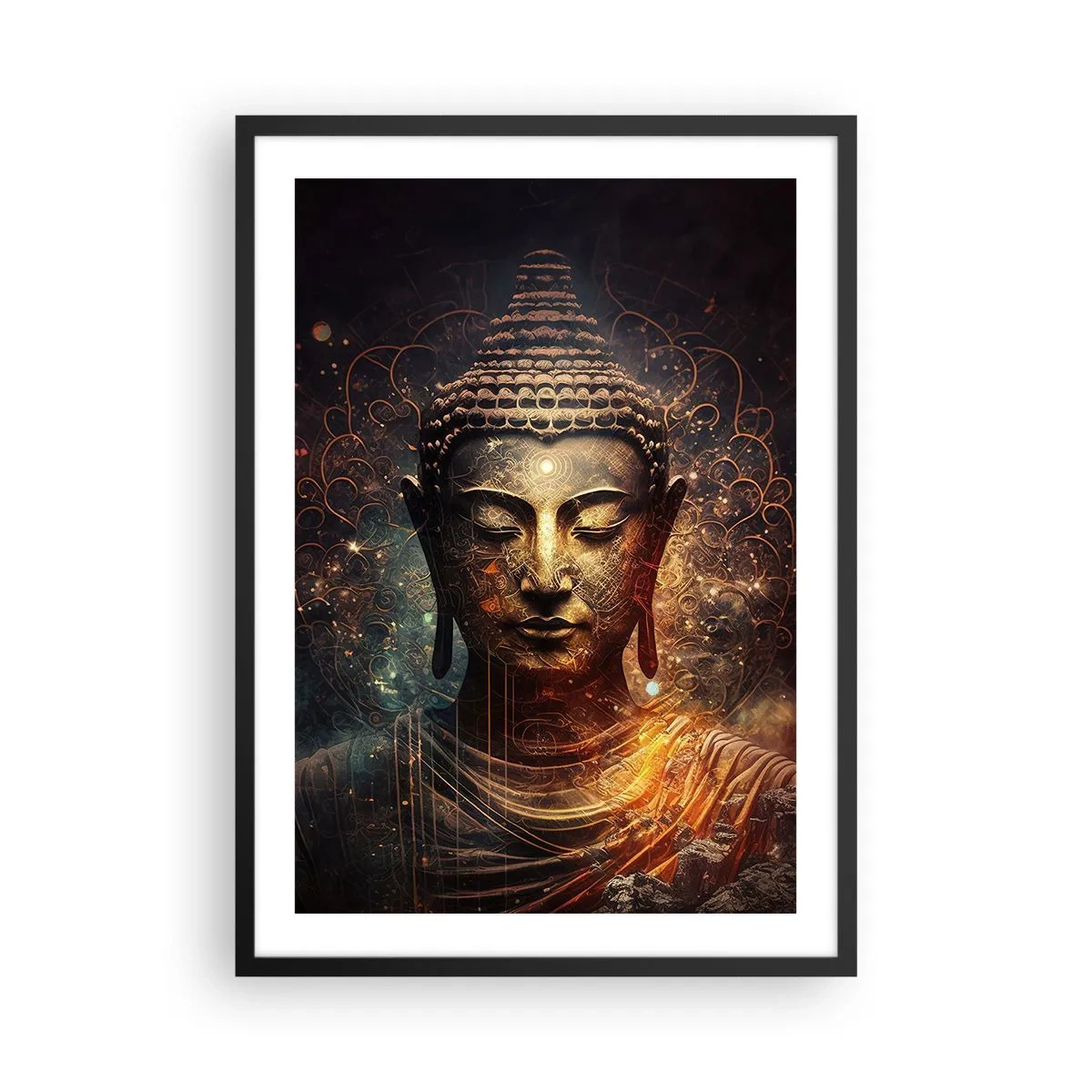 Pôster com moldura preta - Imagem mística de Buda em tons dourados - 50x70cm - Equilíbrio espiritual - Decoração de parede moderna para a sala de estar e quarto ARTTOR