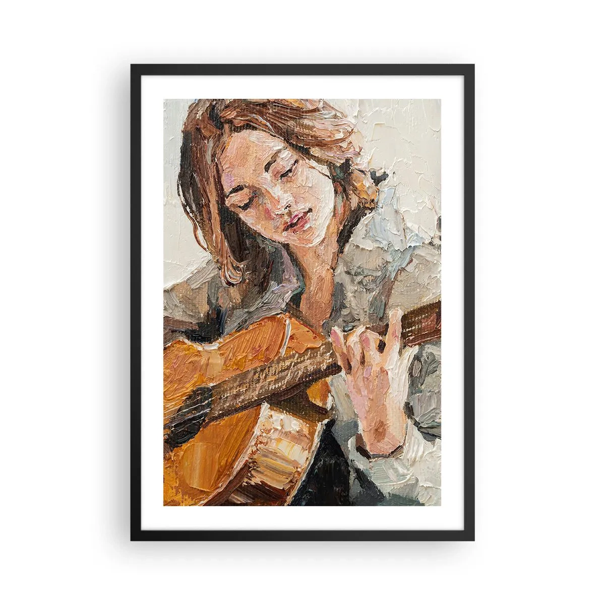 Pôster com moldura preta - Retrato de uma mulher tocando violão em estilo impasto - 50x70cm - Concerto de violão e coração de rapariga - Decoração de parede moderna para a sala de estar e quarto ARTTOR