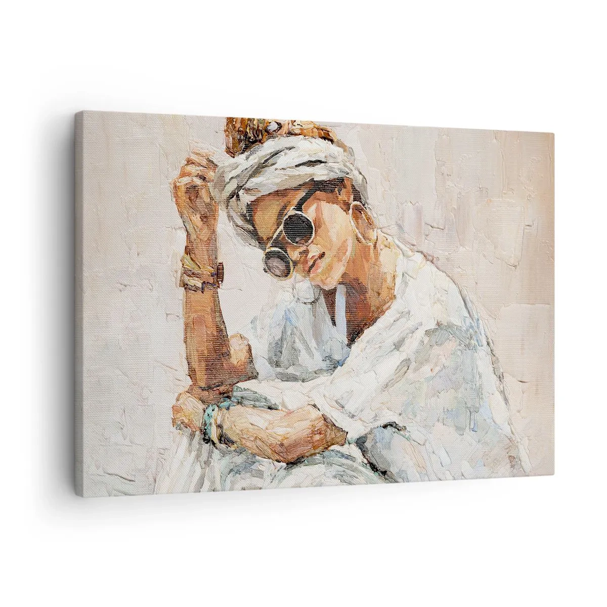 Quadro em tela - Retrato de uma mulher usando óculos de sol contra uma parede clara - 70x50cm - Retrato em pleno sol - Decoração de parede moderna para a sala de estar e quarto ARTTOR
