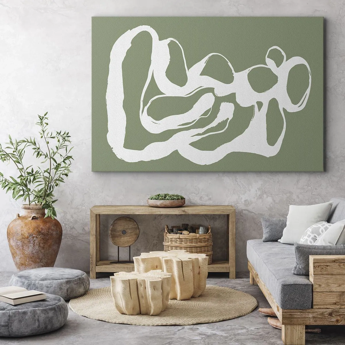 Quadro em tela - Formas orgânicas em branco sobre fundo verde - 70x50cm - A chamada do espaço - Decoração de parede moderna para a sala de estar e quarto ARTTOR