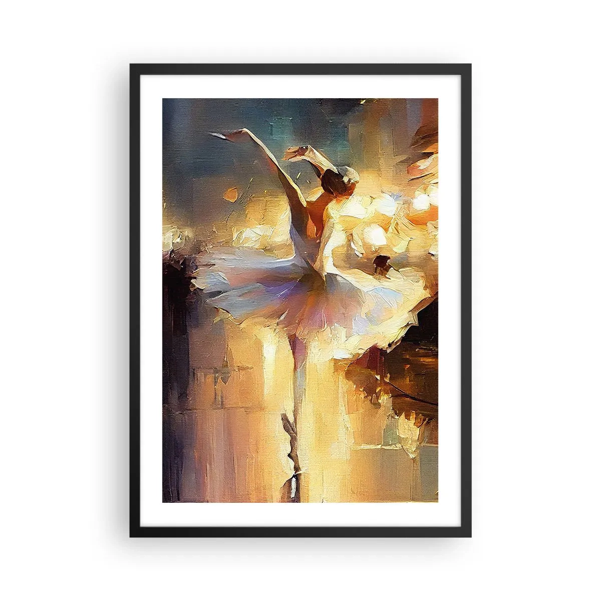 Pôster com moldura preta - Uma bailarina na luz dourada do palco - 50x70cm - Milagre na rua - Decoração de parede moderna para a sala de estar e quarto ARTTOR