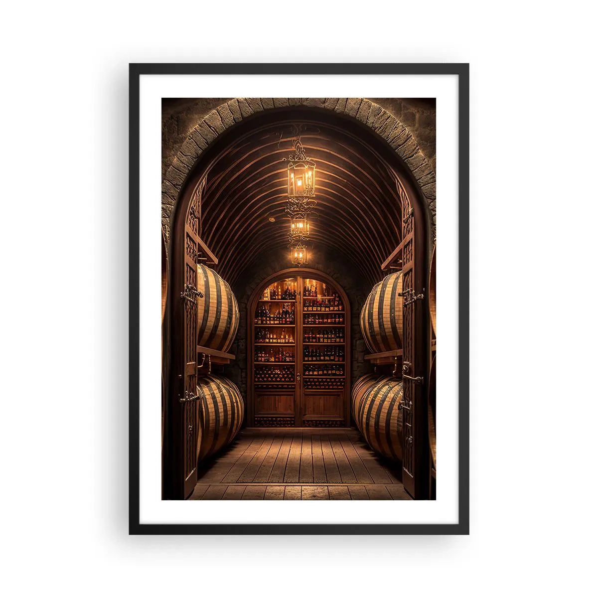 Pôster com moldura preta - Adega elegante com barricas de madeira - 50x70cm - Porão atmosférico - Decoração de parede moderna para a sala de estar e quarto ARTTOR