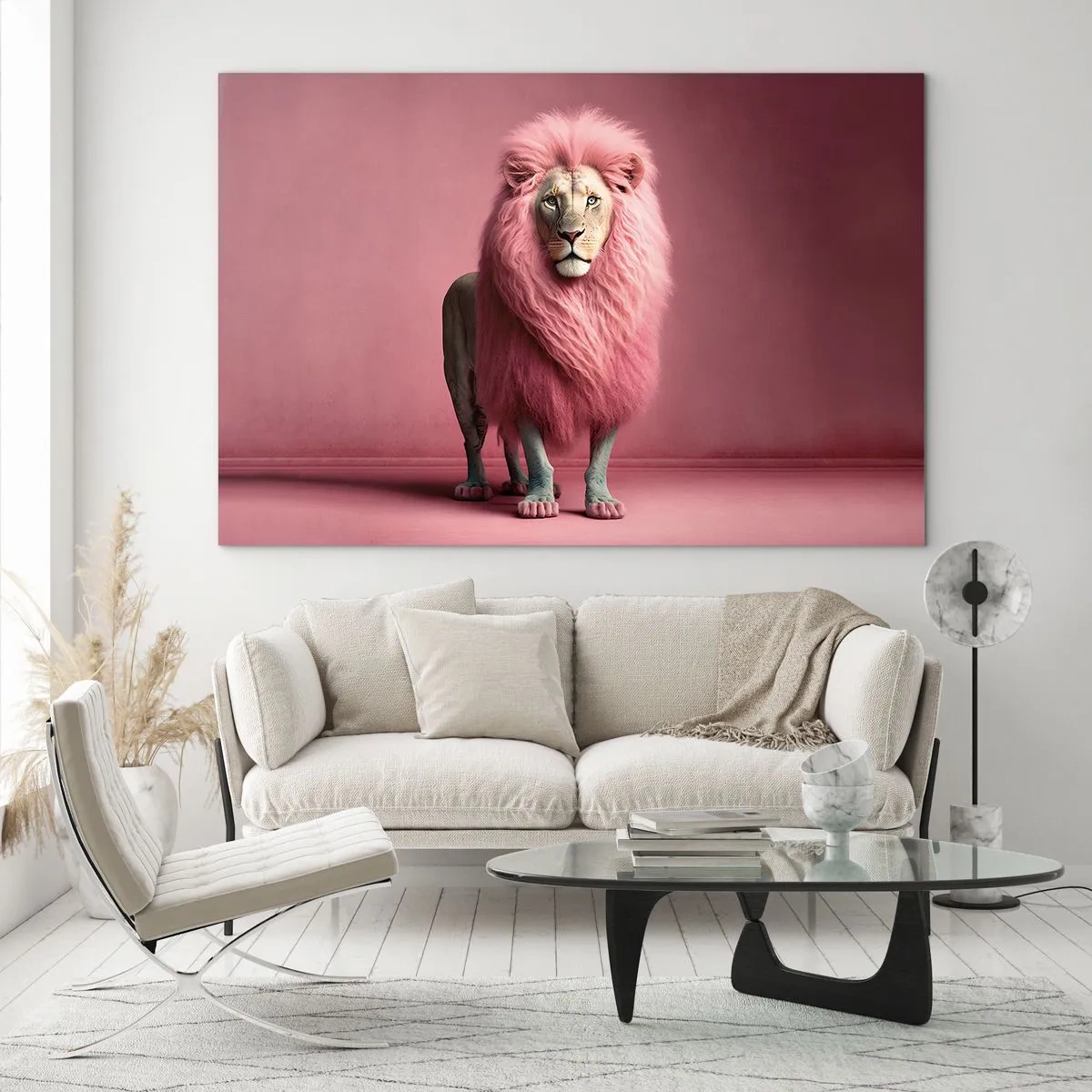 Quadro em vidro - Um leão com uma juba rosa contra uma parede pastel - 70x50cm - Não tens mais medo - Decoração de parede moderna para a sala de estar e quarto ARTTOR