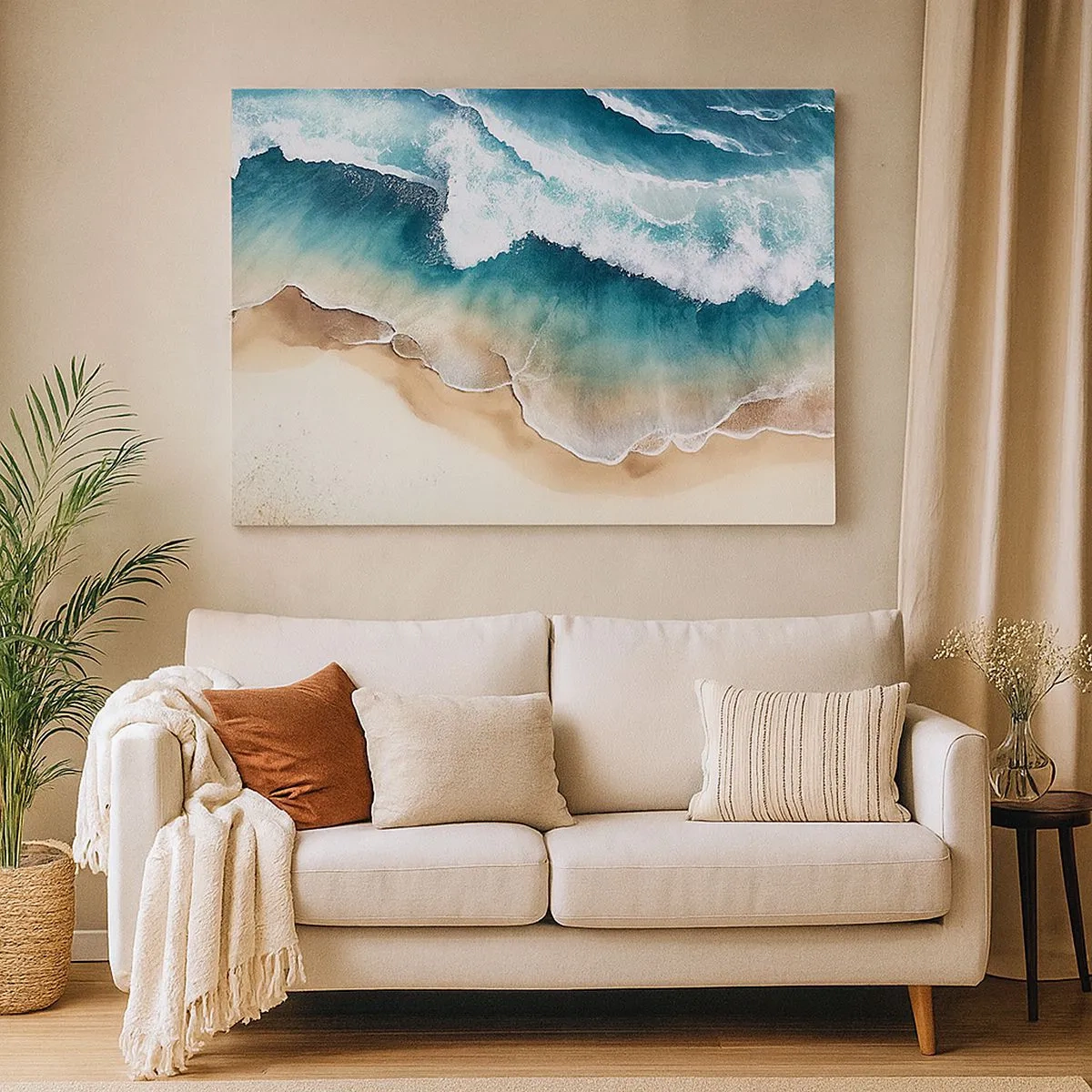 Quadro em tela - Vista da praia e das ondas do mar em tons de turquesa - 70x50cm - O eterno encontro - Decoração de parede moderna para a sala de estar e quarto ARTTOR