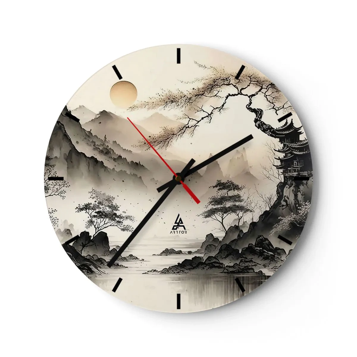 Relógio de parede - Relógio em vidro - Pintura a tinta chinesa de uma paisagem montanhosa com um pagode e um vale enevoado - 30x30cm - O charme único do Oriente - Decoração de parede moderna para a sala de estar, cozinha e quarto ARTTOR