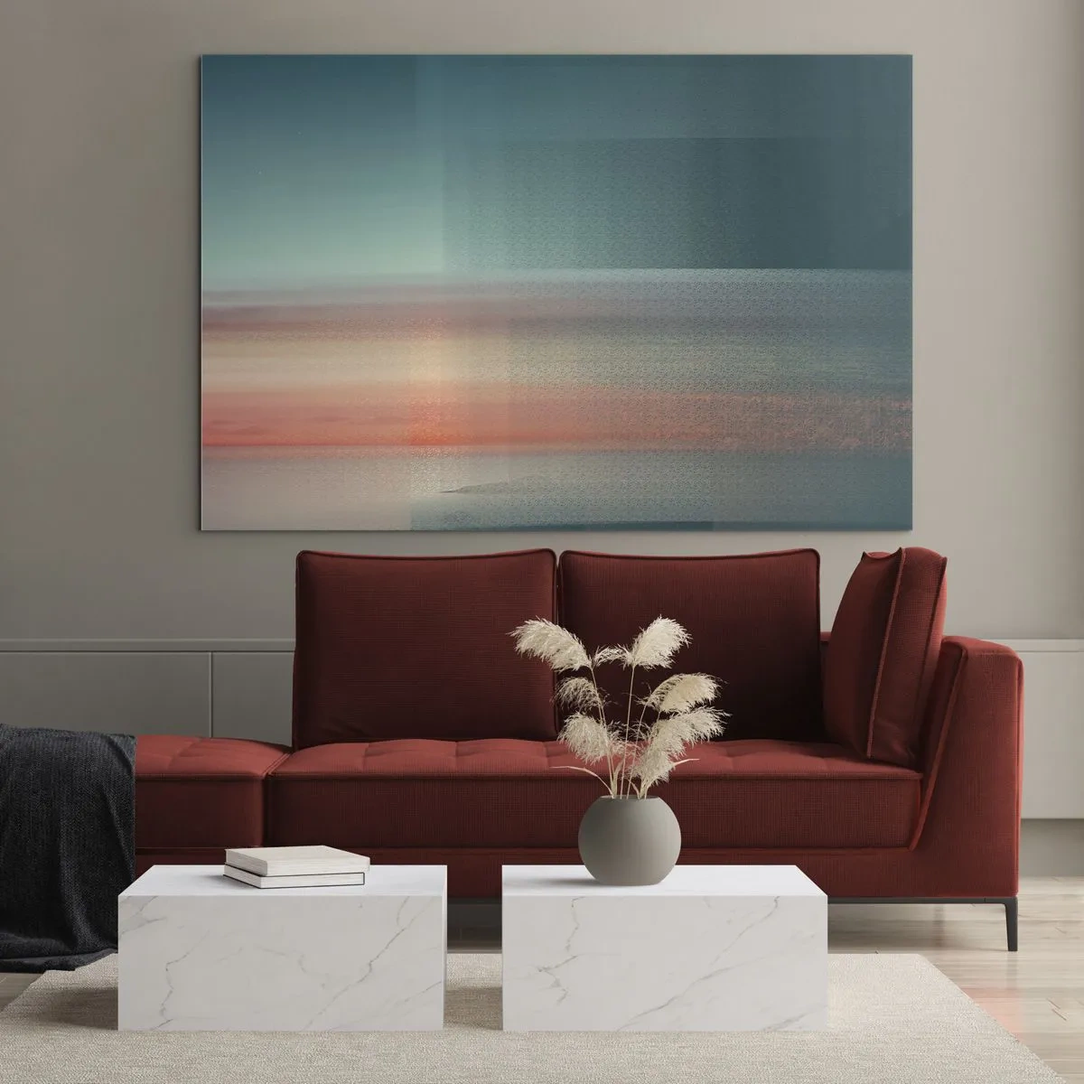 Quadro em vidro - Uma abstração pastel que lembra ondas de luz ao pôr do sol. - 70x50cm - Resumo: ondas de luz - Decoração de parede moderna para a sala de estar e quarto ARTTOR