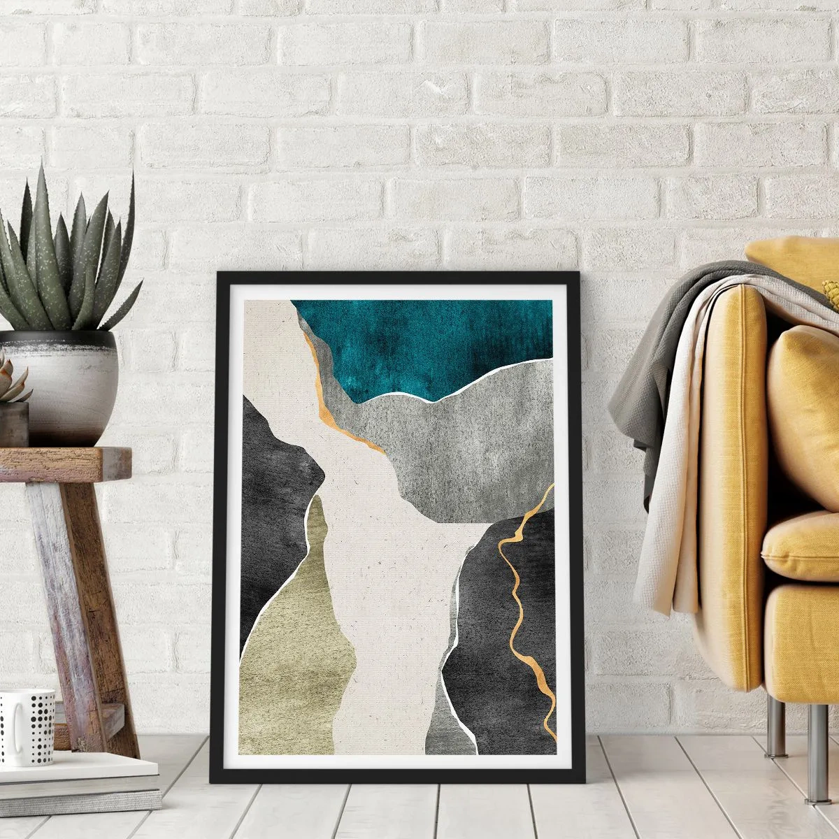 Pôster com moldura preta - Composição abstrata com formas geométricas - 50x70cm - Composição de mosaico com fio de ouro - Decoração de parede moderna para a sala de estar e quarto ARTTOR