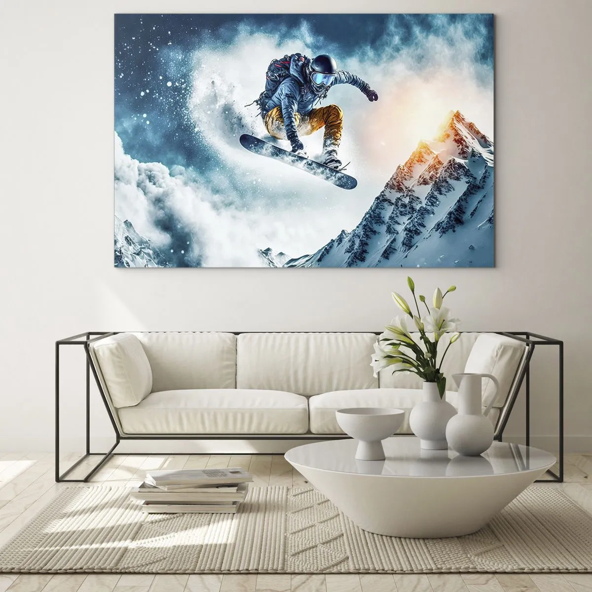 Quadro em vidro - Um snowboarder voa sobre montanhas cobertas de neve - 70x50cm - Emoções extremas - Decoração de parede moderna para a sala de estar e quarto ARTTOR