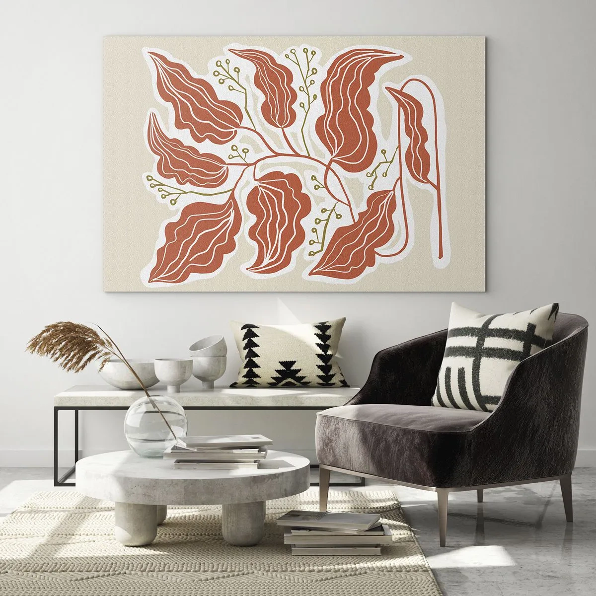 Quadro em vidro - Folhas de coral com padrão folclórico em fundo claro - 70x50cm - Folclórico e coral - Decoração de parede moderna para a sala de estar e quarto ARTTOR