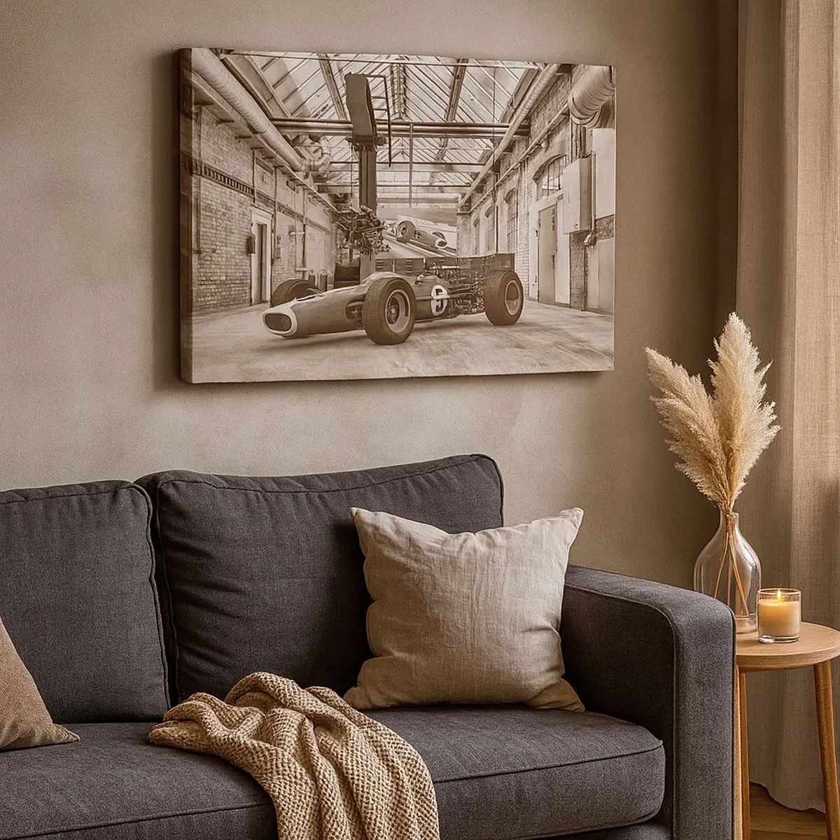 Quadro em tela - Carro de corrida preto e branco em um interior industrial - 70x50cm - O descanso do vencedor - Decoração de parede moderna para a sala de estar e quarto ARTTOR