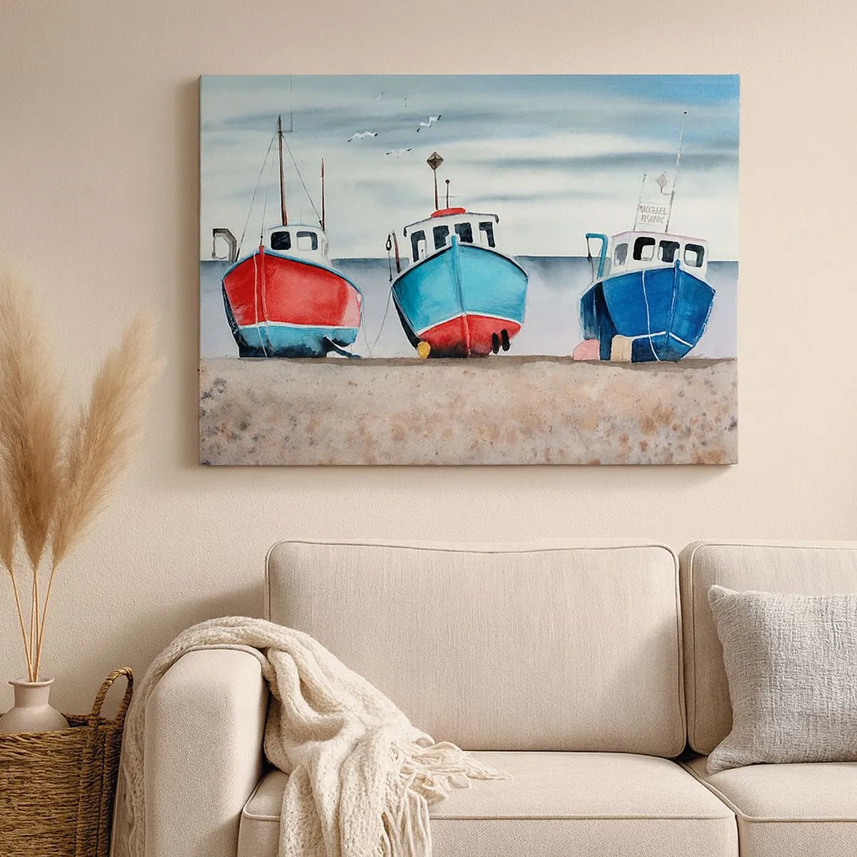 Quadro em tela - Barcos de pesca coloridos na costa em uma paisagem marinha - 70x50cm - Pronto para pescar - Decoração de parede moderna para a sala de estar e quarto ARTTOR