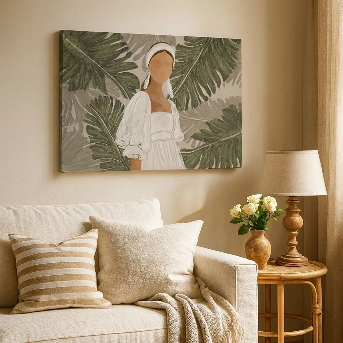 Quadro em tela - Retrato de uma mulher em um vestido branco contra um fundo de folhas de monstera - 70x50cm - Retrato exótico - Decoração de parede moderna para a sala de estar e quarto ARTTOR