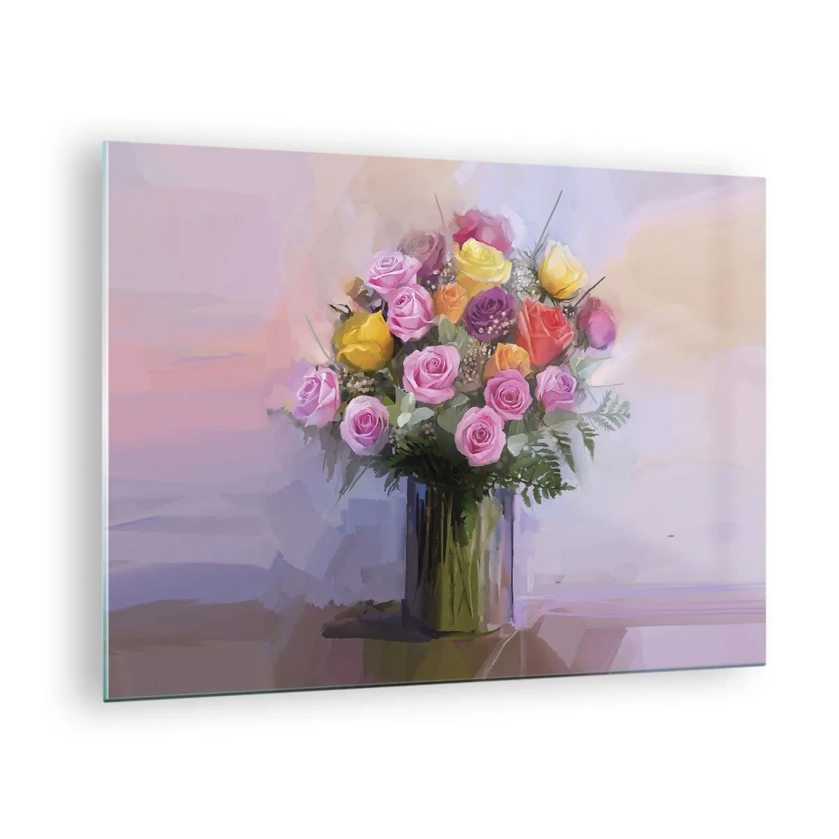 Quadro em vidro - Um buquê de rosas em um vaso de vidro sobre um fundo pastel - 70x50cm - Beleza retida - Decoração de parede moderna para a sala de estar e quarto ARTTOR