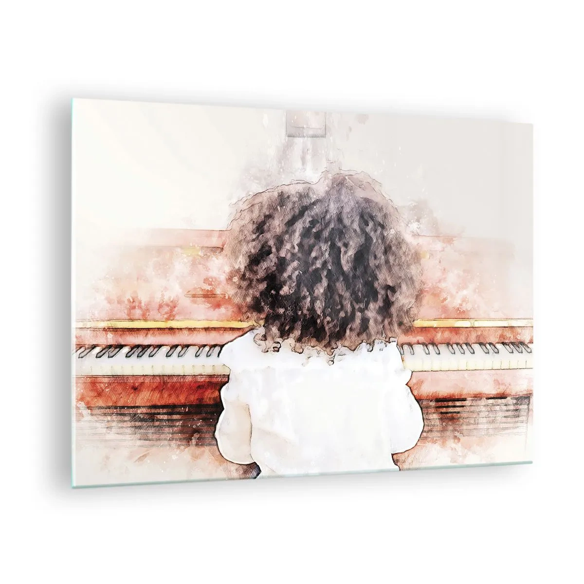Quadro em vidro - Uma criança com cabelo cacheado tocando piano - 70x50cm - Num mundo novo - Decoração de parede moderna para a sala de estar e quarto ARTTOR