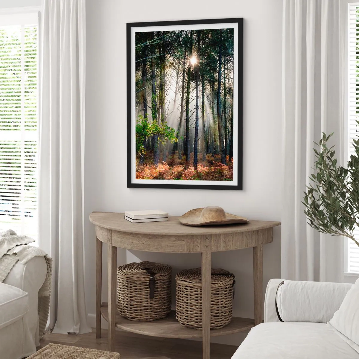 Pôster com moldura preta - Raios mágicos de sol no cenário da floresta - 50x70cm - Uma área florestal - Decoração de parede moderna para a sala de estar e quarto ARTTOR