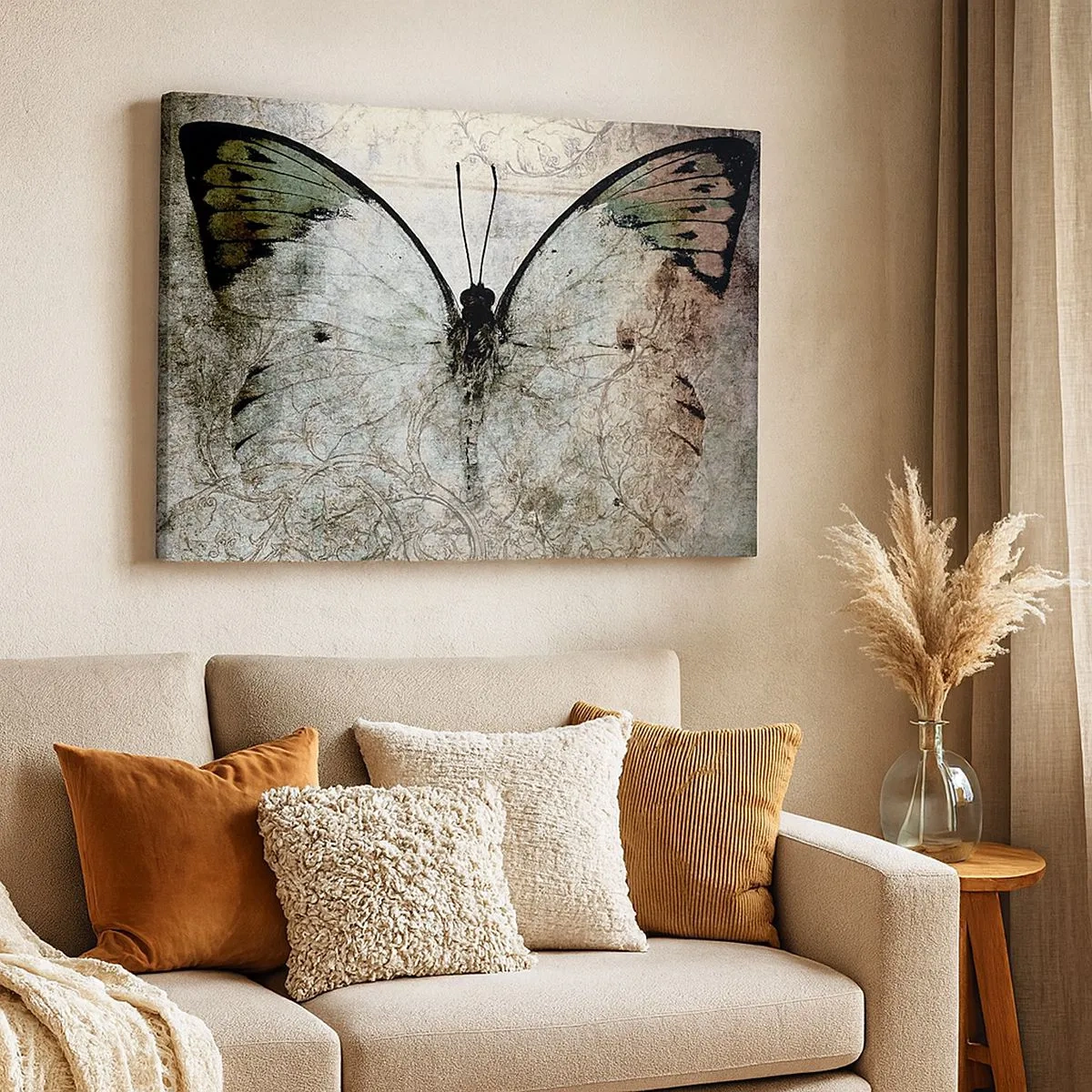 Quadro em tela - Uma borboleta em tons de verde e cinza sobre um fundo decorativo - 70x50cm - Estilo Art Nouveau - Decoração de parede moderna para a sala de estar e quarto ARTTOR