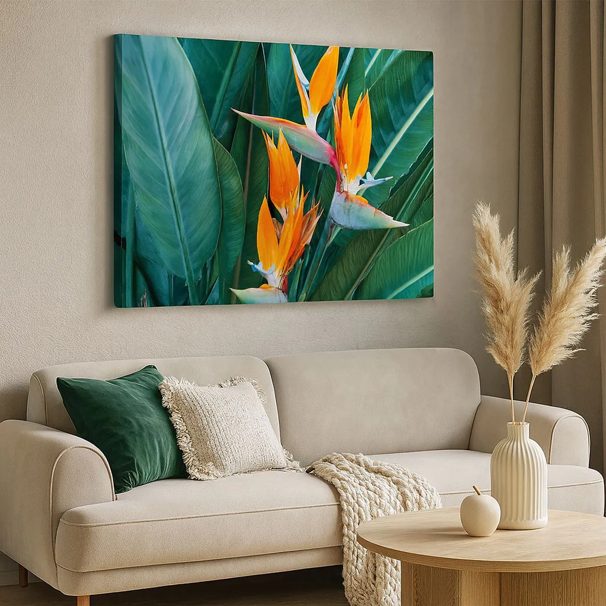 Quadro em tela - Flores exóticas de strelitzia cercadas por folhas verdes - 70x50cm - É uma flor ou é um pássaro? - Decoração de parede moderna para a sala de estar e quarto ARTTOR