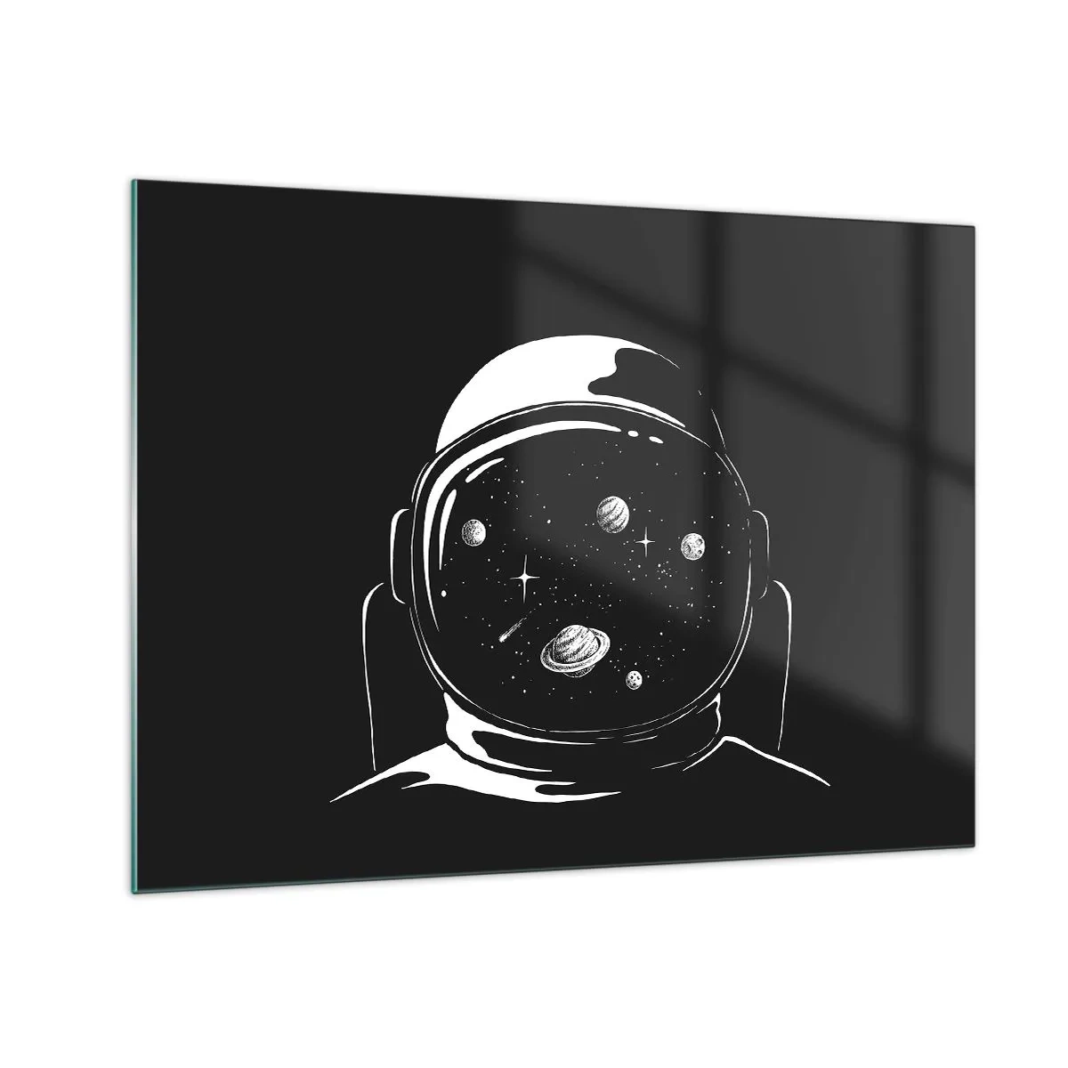 Quadro em vidro - Astronauta com estrelas e planetas em seu capacete em um fundo preto - 70x50cm - Bela Vista - Decoração de parede moderna para a sala de estar e quarto ARTTOR
