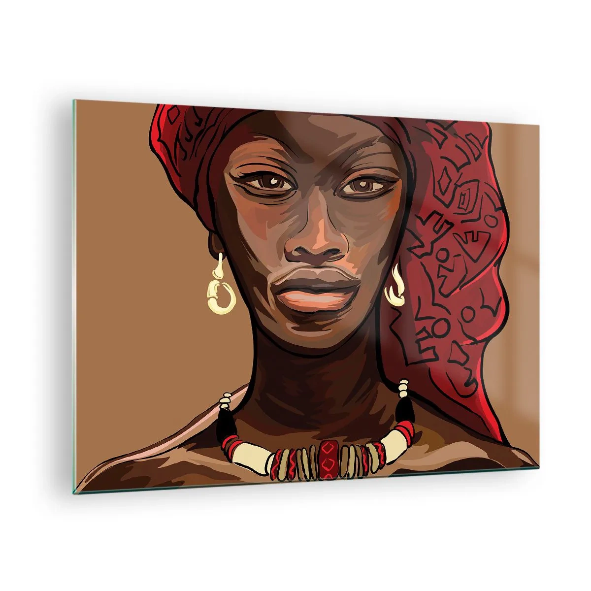 Quadro em vidro - Retrato estilizado de uma mulher com um turbante vermelho e joias. - 70x50cm - Vénus de Ébano - Decoração de parede moderna para a sala de estar e quarto ARTTOR