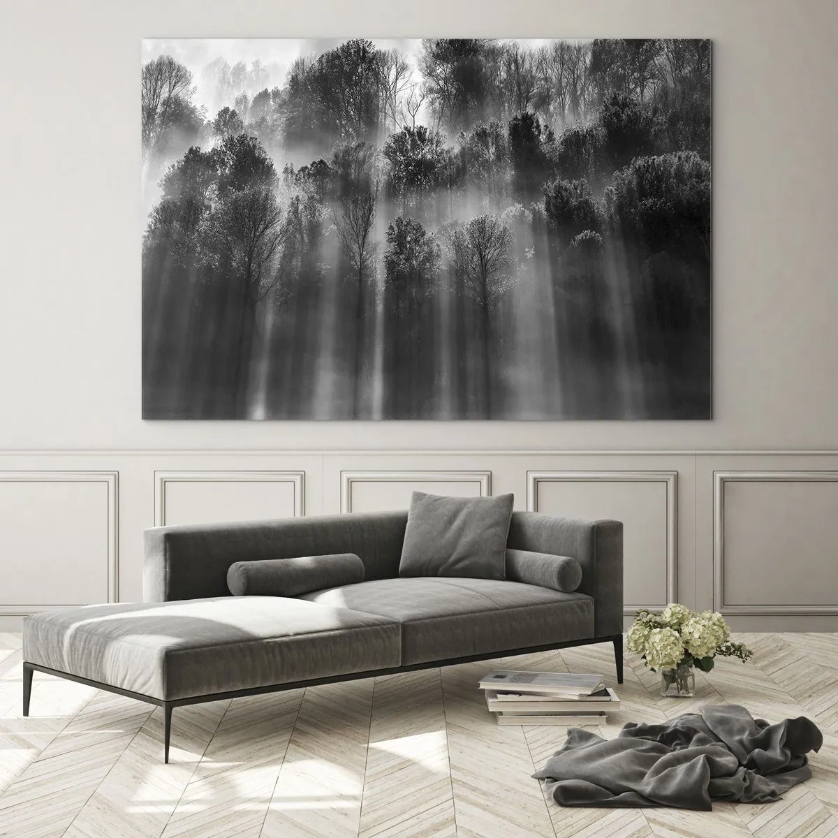 Quadro em vidro - Raios de luz pretos e brancos penetrando na floresta - 70x50cm - Em correntes de luz - Decoração de parede moderna para a sala de estar e quarto ARTTOR