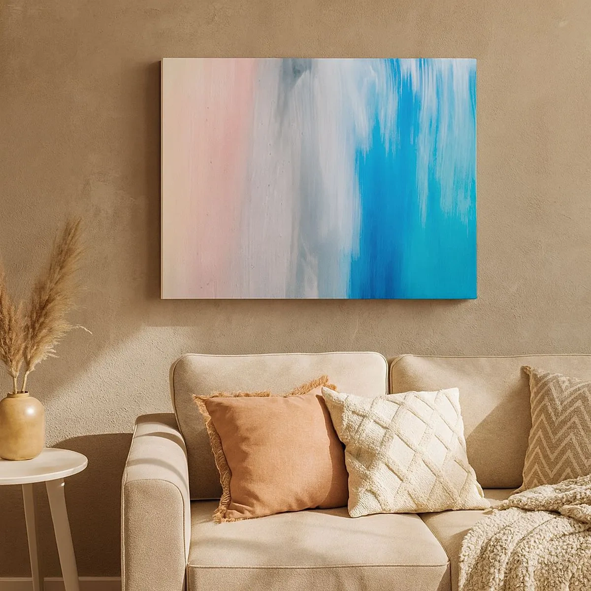 Quadro em tela - Pinceladas abstratas em tons de azul e rosa - 70x50cm - Elementos: ar - Decoração de parede moderna para a sala de estar e quarto ARTTOR
