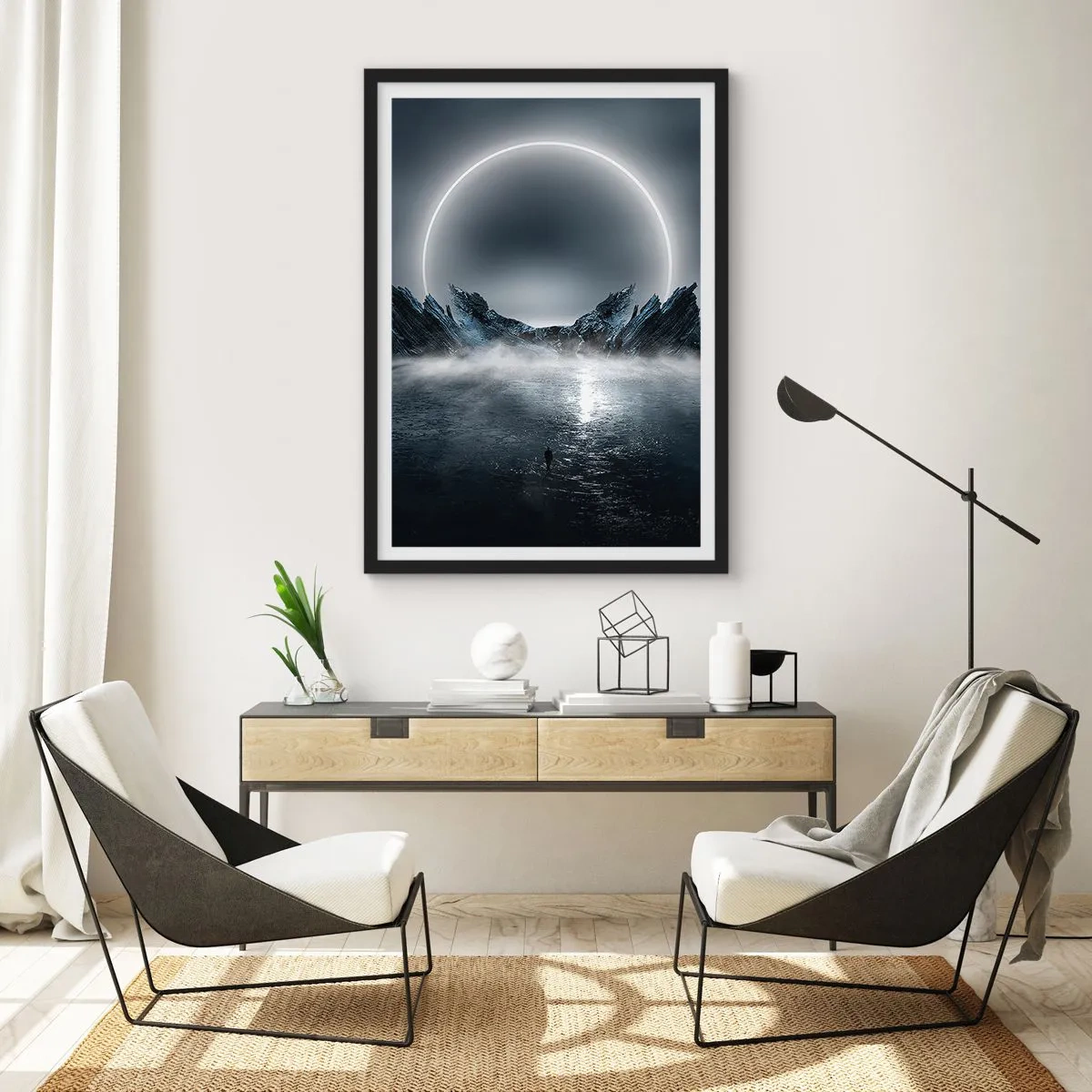 Pôster com moldura preta - Uma paisagem misteriosa com um círculo brilhante no céu - 50x70cm - O fim da história - Decoração de parede moderna para a sala de estar e quarto ARTTOR