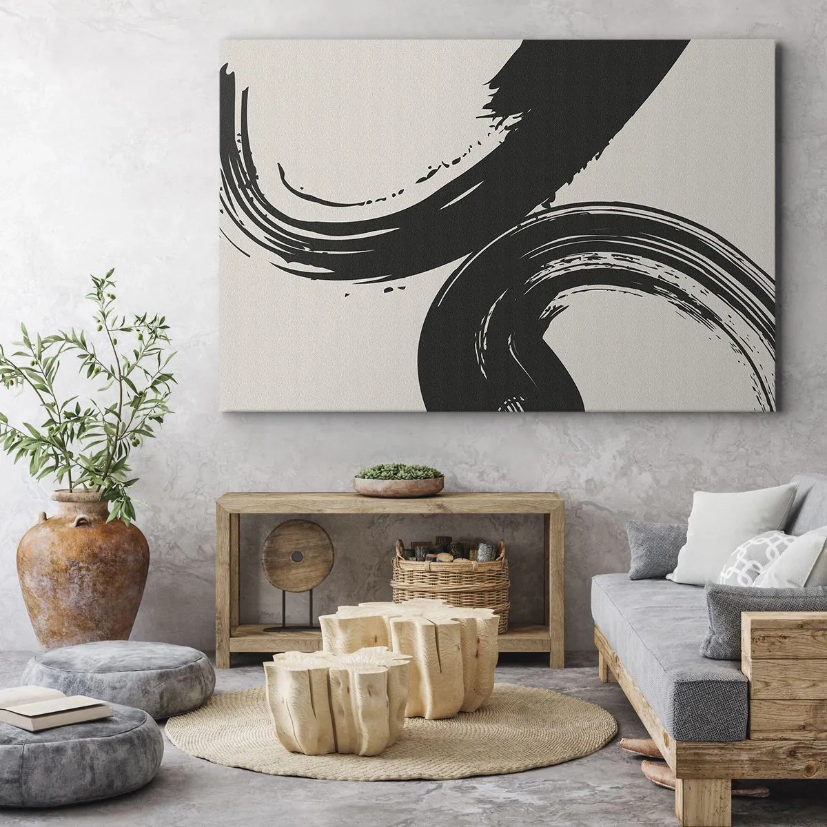 Quadro em tela - Pinceladas dinâmicas em preto sobre fundo claro - 70x50cm - Varrer e circular - Decoração de parede moderna para a sala de estar e quarto ARTTOR