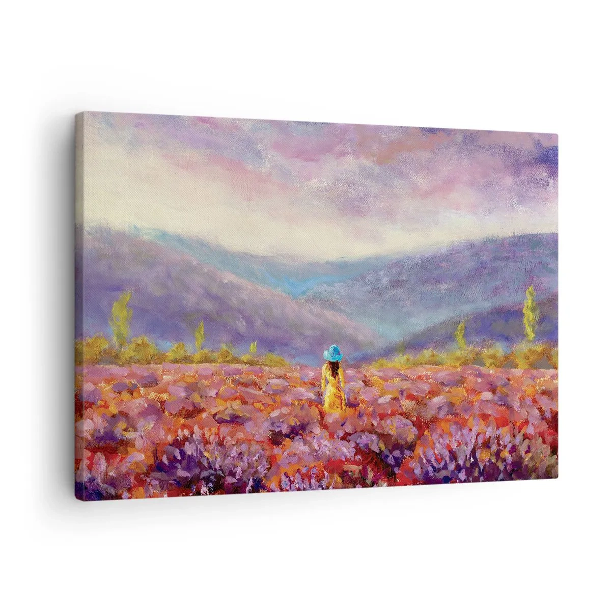 Quadro em tela - Uma mulher usando um chapéu caminhando por um campo de lavanda. - 70x50cm - No mundo da lavanda - Decoração de parede moderna para a sala de estar e quarto ARTTOR