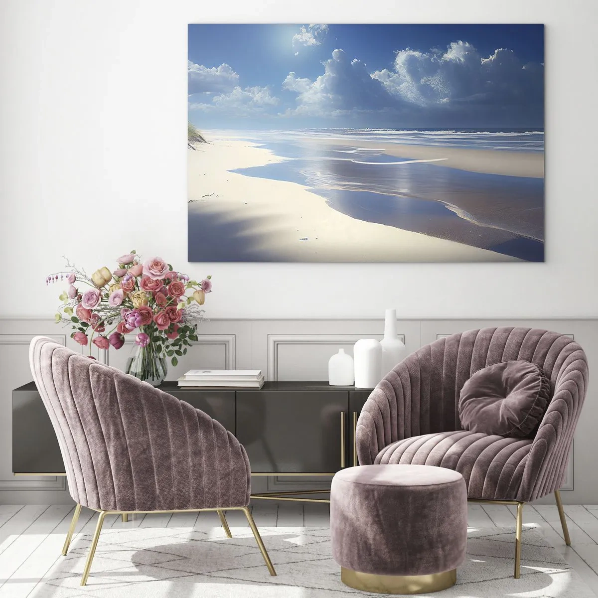 Quadro em vidro - Uma ampla praia de areia e ondas calmas sob um céu azul - 70x50cm - Férias no paraíso - Decoração de parede moderna para a sala de estar e quarto ARTTOR