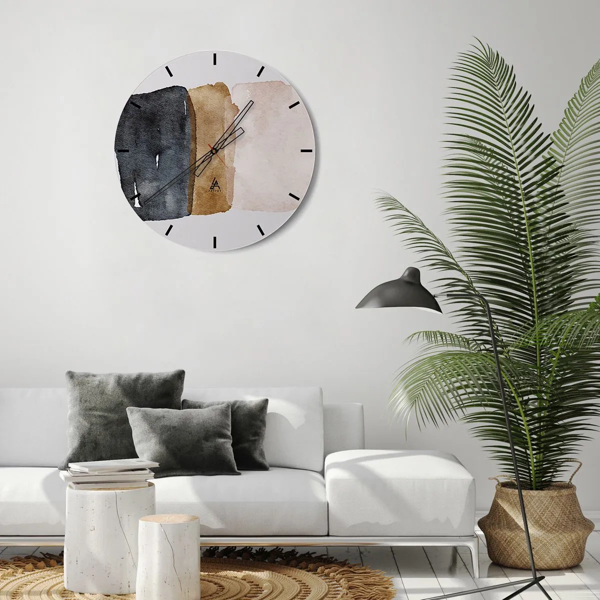 Relógio de parede - Relógio em vidro - Três listras de aquarela em tons de preto, marrom e bege - 30x30cm - Composição das cores da terra - Decoração de parede moderna para a sala de estar, cozinha e quarto ARTTOR