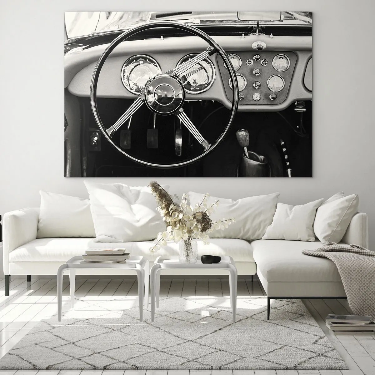 Quadro em vidro - O volante e os relógios de um carro clássico em sépia - 70x50cm - Um sonho de colecionador - Decoração de parede moderna para a sala de estar e quarto ARTTOR