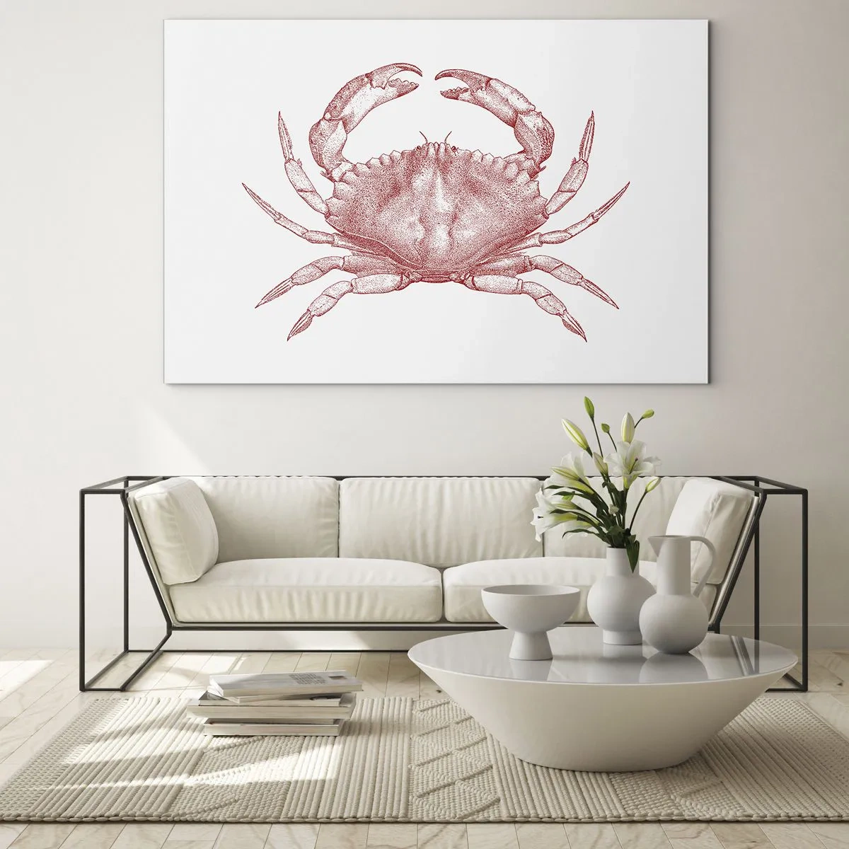 Quadro em vidro - Esboço de um caranguejo vermelho em um fundo claro em estilo retrô - 70x50cm - Caranguejo sobre caranguejos - Decoração de parede moderna para a sala de estar e quarto ARTTOR