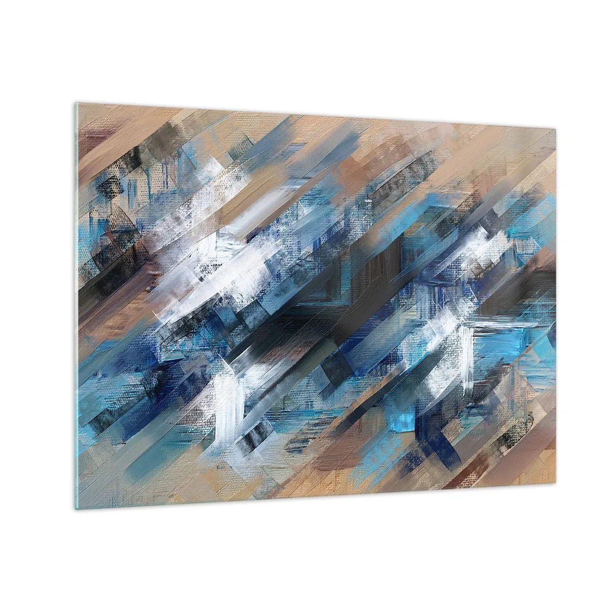 Quadro em vidro - Listras diagonais abstratas em tons de azul, branco e bege - 70x50cm - Numa diagonal azul - Decoração de parede moderna para a sala de estar e quarto ARTTOR