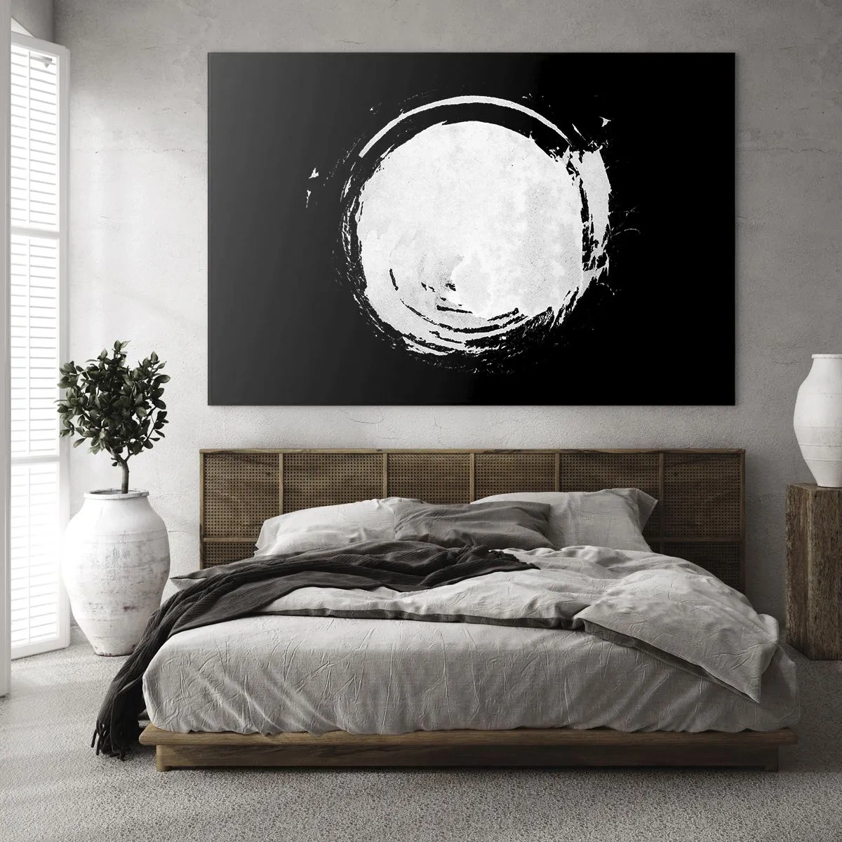 Quadro em vidro - Círculo abstrato branco em fundo preto - 70x50cm - Boa saída - Decoração de parede moderna para a sala de estar e quarto ARTTOR