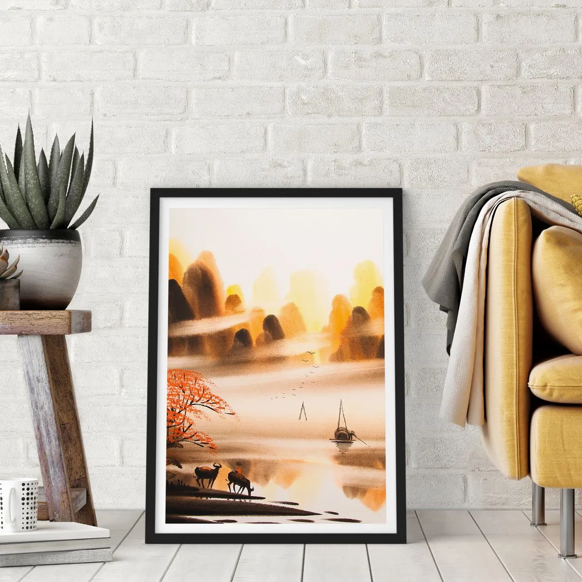 Pôster com moldura preta - Paisagem montanhosa oriental no nevoeiro com um barco e animais - 50x70cm - Além do Extremo Oriente - Decoração de parede moderna para a sala de estar e quarto ARTTOR