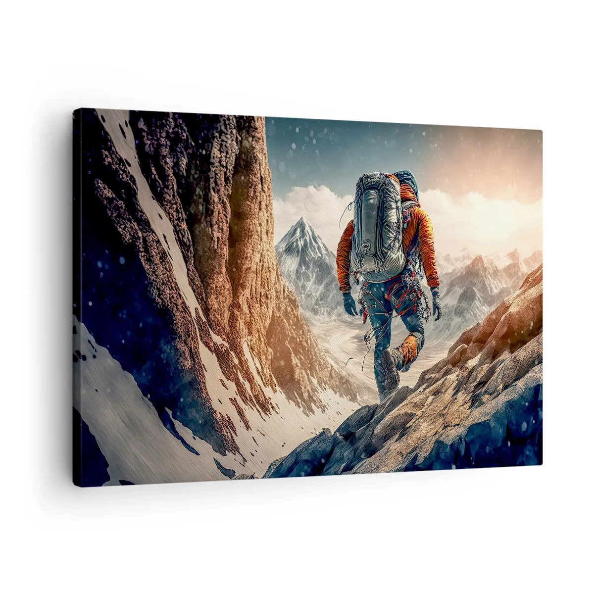 Quadro em tela - Um alpinista em uma trilha de montanha em uma paisagem de inverno - 70x50cm - Guerreiro solitário - Decoração de parede moderna para a sala de estar e quarto ARTTOR