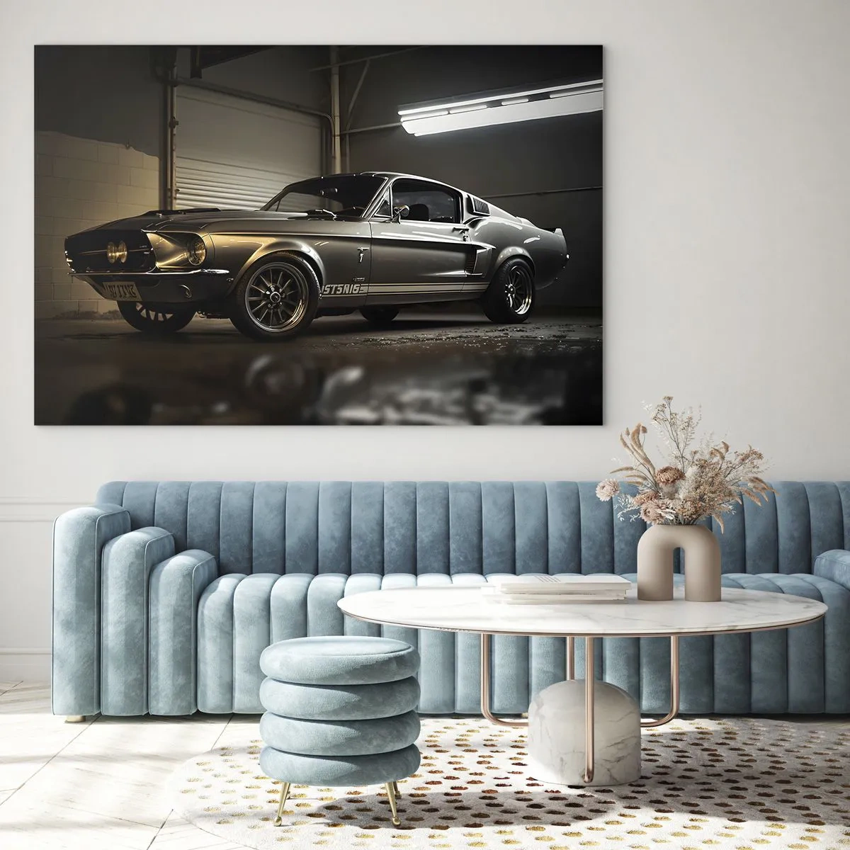 Quadro em vidro - Carro clássico na garagem sob iluminação industrial - 70x50cm - De volta ao passado - Decoração de parede moderna para a sala de estar e quarto ARTTOR