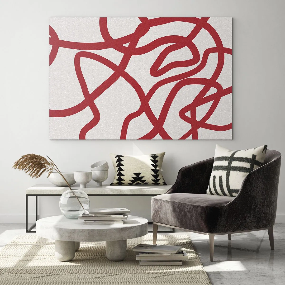 Quadro em vidro - Linhas vermelhas girando dinamicamente em um fundo branco - 70x50cm - Vermelho em branco - Decoração de parede moderna para a sala de estar e quarto ARTTOR